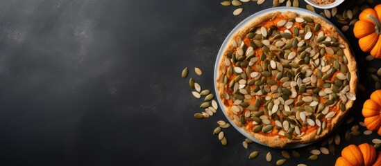 Poster - round pie with a cut piece with pumpkin seeds from corn and rice flour on a gray plate on a black background top view gluten free baked goods made at home. Copyspace image. Square banner