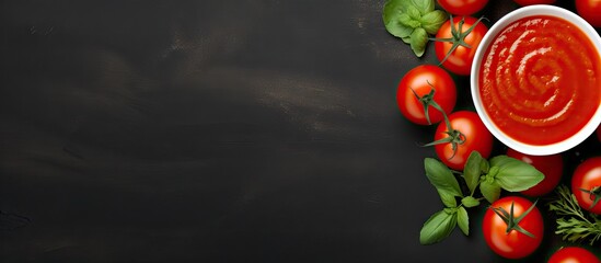 Aufkleber - Tomato ketchup sauce in a bowl with basil and tomatoes Top view. Copyspace image. Header for website template