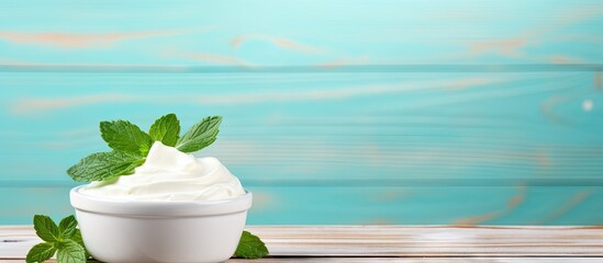 Poster - Vanilla ice cream balls with mint leaves in a turquoise bowl on a turquoise wooden table. Copyspace image. Header for website template