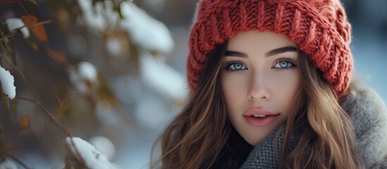 Canvas Print - woman indoor portrait Young beautiful woman in warm knitted clothes at home fashion Autumn winter. Copyspace image. Header for website template