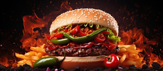 Leinwandbilder - top view hamburger with fries onion chili with meat and jalapenos barbecue sauce dark style food. Copyspace image. Header for website template