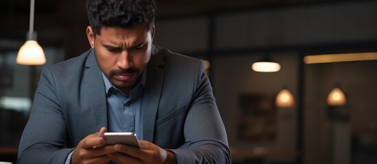 Wall Mural - Upset and sad man at workplace inside office businessman at work received notification message negative hispanic reading bad news online from smartphone. Copyspace image. Square banner
