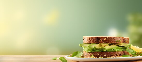 Poster - Tasty appetizing sandwich bread with mashed avocado served on plate. Copyspace image. Square banner. Header for website template
