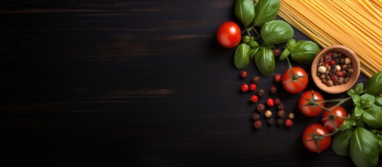 Aufkleber - Spaghetti pasta with cherry tomatoes basil and parmesan cheese top view copy space. Copyspace image. Square banner. Header for website template