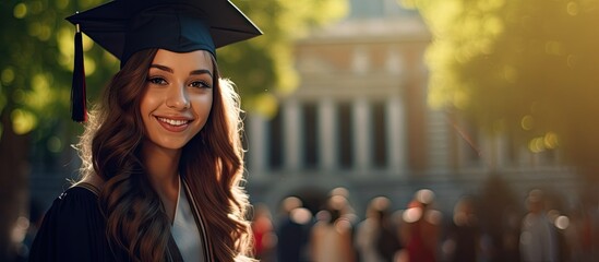 Wall Mural - smiling female graduate student girl in the park cheerful and happy. Copyspace image. Square banner. Header for website template