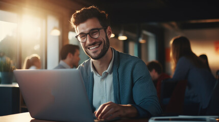 Poster - A man sitting at a table using a laptop computer. Suitable for technology-related projects