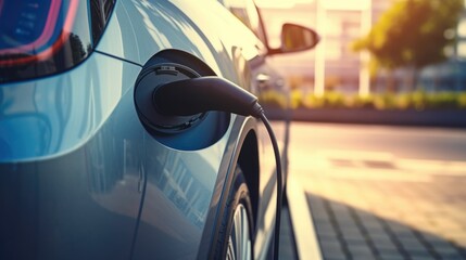 Wall Mural - An electric car connected to a charging station. Suitable for illustrating electric vehicle charging infrastructure.