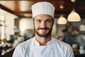Wall Mural - A man wearing a chef's hat standing in a kitchen. This image can be used for culinary blogs, cooking websites, or restaurant promotions
