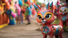 A Vibrantly Painted Cat Statue With Festival Dancers Blurred In The Background At Feria De Cali, Colombia 