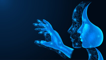 Virtual human double. A system for creating a digital model. Polygonal design of interconnected lines and dots. Blue background.