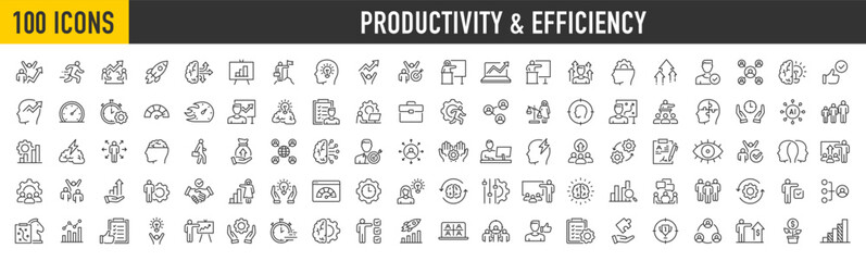  Productivity and Efficiency web icons in line style. Performance, business planning, success, goal, process, collection. Vector illustration.