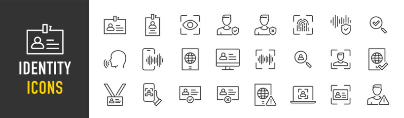 Wall Mural - identity web icons in line style. verification, document, id card, fingerprint, identification, pass