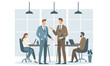 Flat vector illustration. People working in office, two workers in office clothes talking to each other, man and woman working at laptop. . Vector illustration