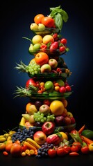 Sticker - A vibrant assortment of fresh fruits and vegetables on a black background. Generative AI.