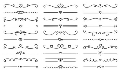 Wall Mural - text dividers with hearts doodle set. wedding decorative elements. divider ornament, borders, lines.