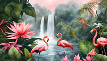 Digital Watercolor Illustration Of A Foggy Morning With A Waterfall And Pink Flamingos, Drawn Flowers And A Jungle,