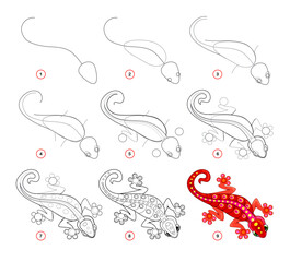 Wall Mural - how to draw a cute little red gecko. educational page for children. creation step by step animal ill