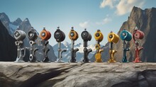 A Row Of Heavy-duty Climbing Cams And Anchors Arranged Meticulously On A Flat Stone Surface Against A Rugged Mountainous Backdrop