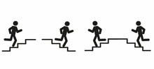 Stick Man, Pictogram Of The Figure Of A Man Running Up And Down The Stairs, The Direction Of The Emergency Exit, Business Development Concept, Flat Vector Illustration Isolated On A White Background