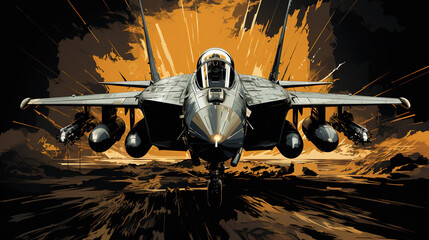 Contemporary Art Oil Painting With Vibrant Colors of Vintage Military Aircraft Background