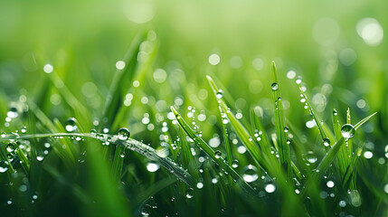 Closeup of green grass blades with drops of dew in the sunlight