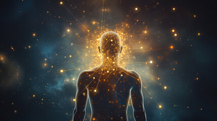 Human form surrounded by blue and gold particles of manifestation energy gathering around the head in space 