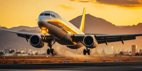 Wall Mural - Commercial Airplane Taking Off from Runway at Sunset with Cityscape and Mountains in Background