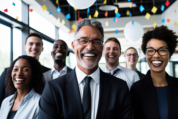 A group of professionals in a business meeting, exhibiting teamwork, collaboration, and a positive work atmosphere.