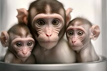 A Tender Portrait Of Three Monkeys With Large Expressive Eyes And Soft Fur, Looking Curiously Towards The Viewer, Evoking Empathy And Connection.