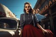 Vibrant 1950s fashion leather jackets, poodle skirts, slicked-back hair capturing essence of iconic rock and roll imagery. rebellion and style reminiscent of an era that reshaped culture and fashion.