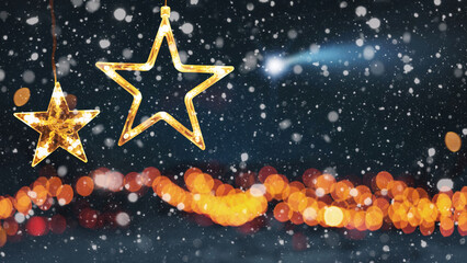 Wall Mural - amazing two stars christmas lights on a winter forest background with bokeh golden lights, snow and 