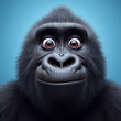 Closeup Funny Portrait of surprised gorilla with Huge Eyes on solid blue background, wide angle shot. ai generative