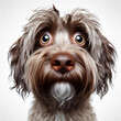 Closeup Funny Portrait of surprised Bergamasco dog with Huge Eyes on white background, wide angle shot. ai generative