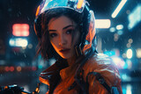 Fototapeta Na sufit - portrait of a girl in a motorcycle helmet against the backdrop of a night city, neon light and rain