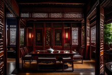 A Sophisticated Chinese Tea House With Intricate Woodwork, Porcelain Teapots, And Silk Cushions