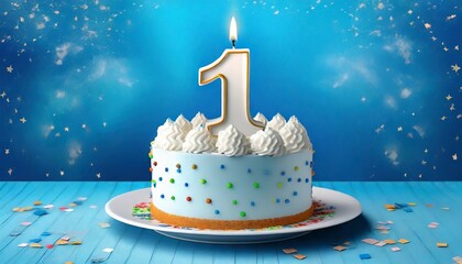 Birthday cake, 1 number and blue background.	
