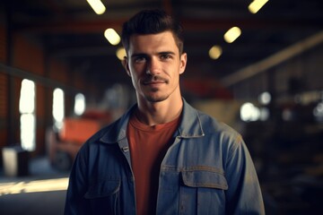 Male factory worker posing looking at the camera.