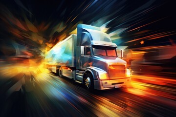 Wall Mural - Loaded European truck on motorway in red, orange headlights. On the road transportation and cargo. neon, bright light