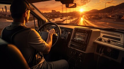 portrait of truck driver  man in cabin driving