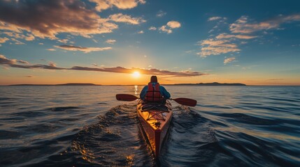 man in kayak rowing with paddle at sea during sunset