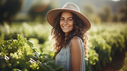 Wall Mural - young woman farmer portrait with vegetable garden crop garden