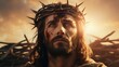Jesus in Crown of Thorns with Cross at Sunset. Generative ai