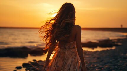 Wall Mural - Silhouette of a lady walking on the beach