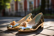 Elegant Gold Shoes on a Cobblestone Street