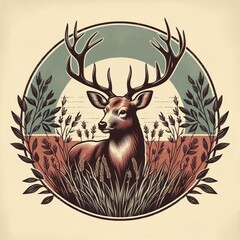 Wall Mural - illustration of deer in nature. vintage emblem style. ai generate