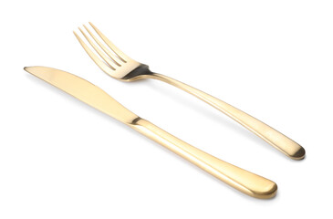 Wall Mural - Shiny golden fork and knife isolated on white. Luxury cutlery