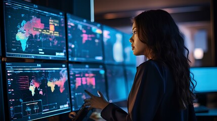 Wall Mural - A female data scientist developing a machine learning model using AI. Her screen is filled with complex algorithms and data flow diagrams. generative AI