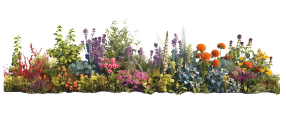 Wall Mural - Herbaceous lush and colorful border of herbaceous plants, creating a vibrant isolated on transparent background