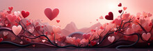 Valentine's Day Horizontal Banner With Wavy Edges, And Empty Space In The Center, With Floating Hearts Representing A Landscape