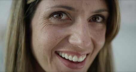 Poster - Happy, smile and closeup face of woman with positive, good and confident attitude for beauty. Excited, friendly and portrait zoom of young female person from Australia with facial expression.